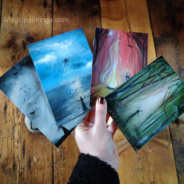 Four elements Set of Small Prints, Air, Fire, Water, Earth Set of 4