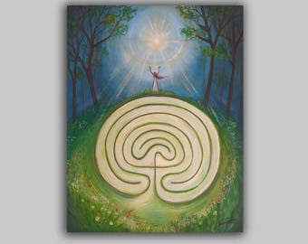Sacred Labyrinth - Goddess Art, Original Artwork, Oil on Canvas, Rocky Valley Maze