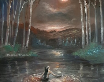 Lunar Eclipse, Red Crimson Moon, Night - Print, Magic Paintings