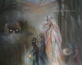 Mari Lwyd, Welsh Yule Folklore Art, Mythical Horse Skull - Print