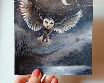 Night Owl, Moon, Magic - Fine Art card, Greeting card, 14x14cm