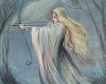 Diana, the Archer, Goddess art, Stars and Silver Moon - Print, Magic Paintings