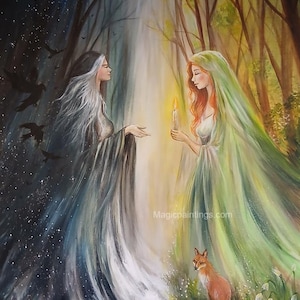 Puede incluir: Pintura et&eacute;rea que representa dos figuras en un bosque. Una figura est&aacute; en una zona oscura iluminada por la luna, la otra en un espacio soleado, sosteniendo una vela. Un zorro est&aacute; sentado al pie de la figura iluminada por el sol. Tema m&iacute;stico.