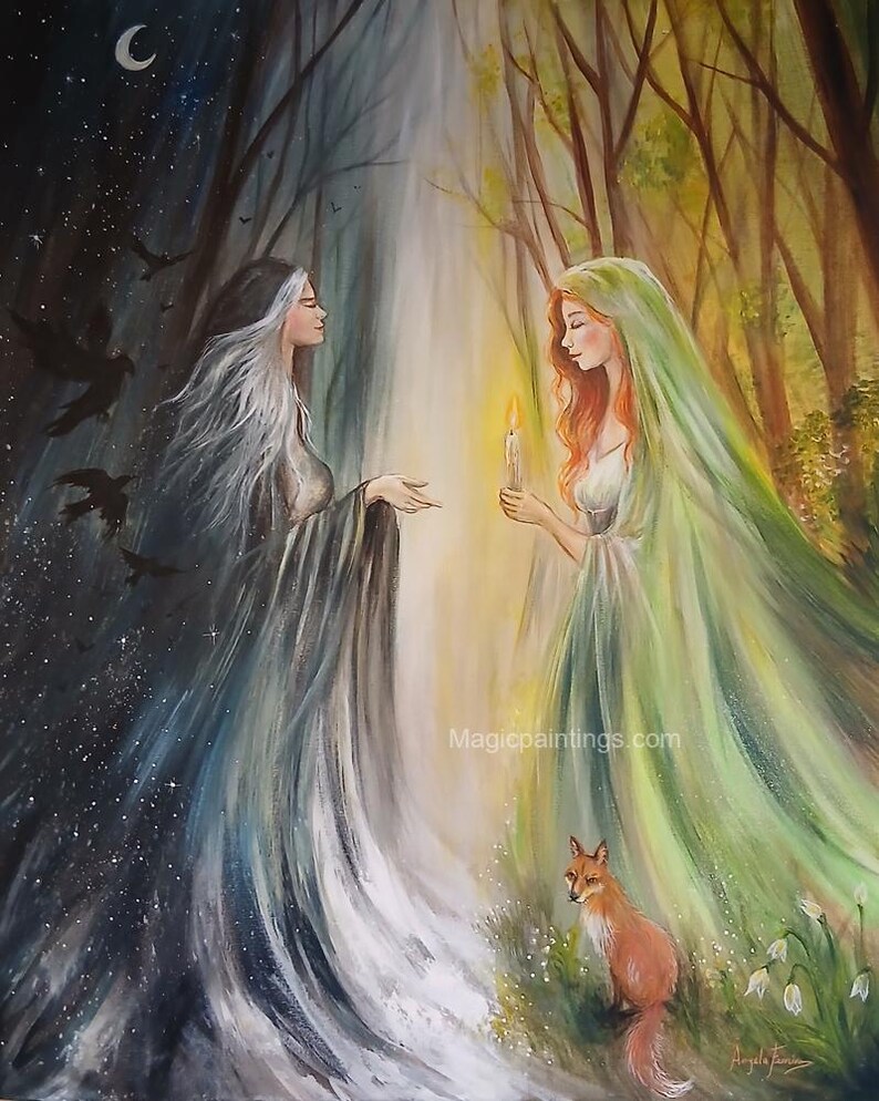 Puede incluir: Pintura et&eacute;rea que representa dos figuras en un bosque. Una figura est&aacute; en una zona oscura iluminada por la luna, la otra en un espacio soleado, sosteniendo una vela. Un zorro est&aacute; sentado al pie de la figura iluminada por el sol. Tema m&iacute;stico.