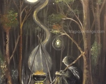 The Crone, Witch, Woodlands, campfire, magical - Print, Magic Paintings