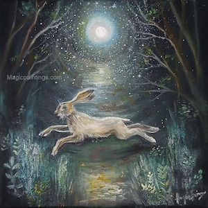 May include: An oil painting on canvas depicting a brown hare leaping through a dark, moonlit forest. The scene features a bright, glowing full moon surrounded by a starry night sky, with dark trees and green foliage framing the central hare.