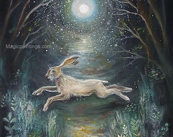 Under the Moonlight, Hare Magic - Fine Art card, Greeting card, 14x14cm