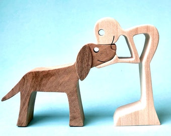 one man one dog version 3; original wood sculpture 2virgule5d