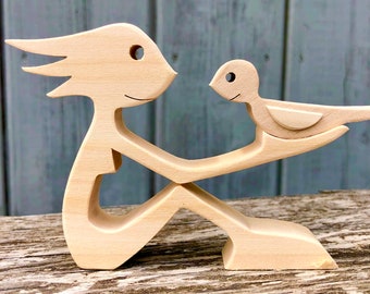 a woman a bird; original wood sculpture 2virgule5d