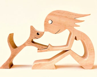 a woman a cat version 4; original wood sculpture 2virgule5d