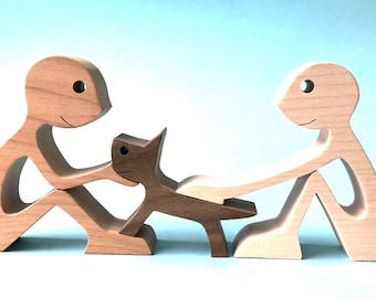 deux hommes un chat ; sculpture bois originale 2virgule5d