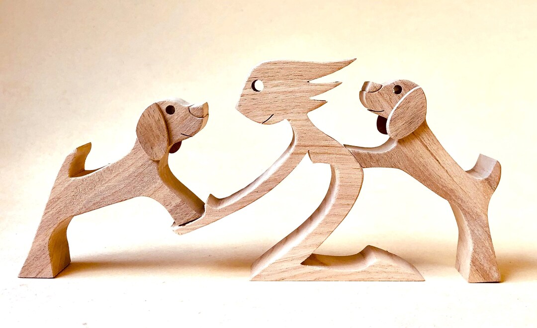 犬と親子/TWO GOOD FRIENDS 額入り　リトグラフ A Woman Two Beagles; Original Wood Sculpture 2virgule5d - Etsy