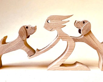 a woman two beagles; original wood sculpture 2virgule5d