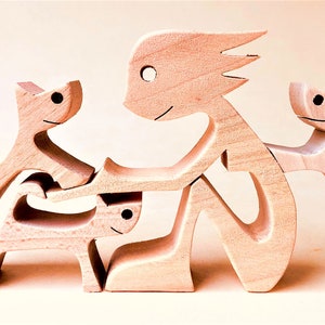 a woman three cats; original wood sculpture 2virgule5d