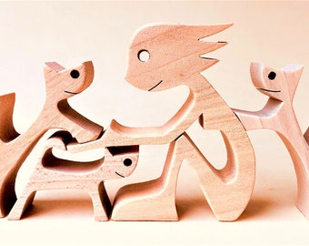 a woman three cats; original wood sculpture 2virgule5d