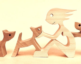 a woman with three cats version 2; original wood sculpture 2virgule5d