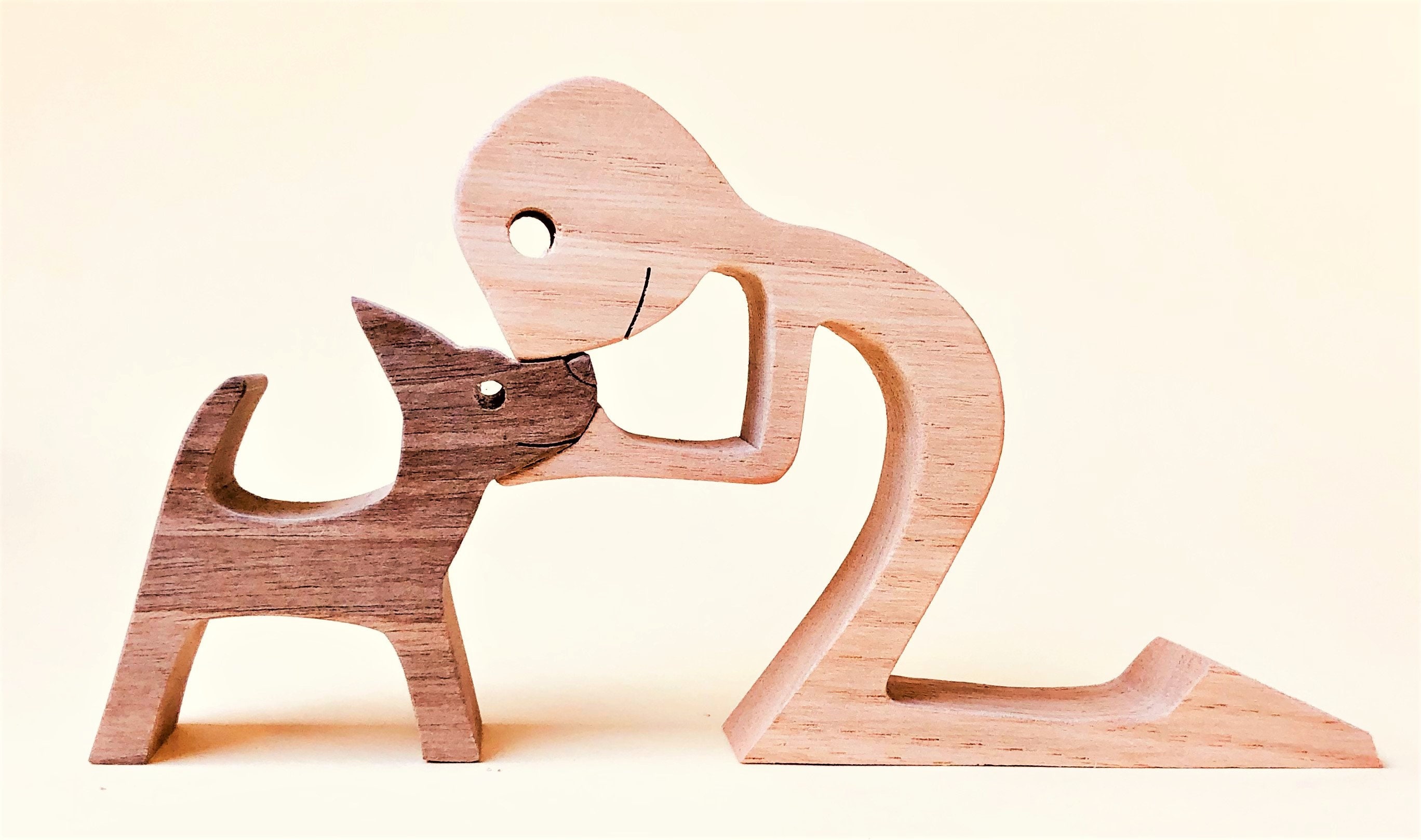 original wood sculpture 2virgule5d; a man a chiuahua: interior decoration