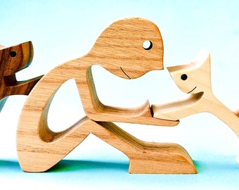 one man two cats; original wood sculpture 2virgule5d