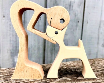 sculpture en bois chantourné ; un homme un chien version 2