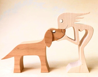 a woman a dog version 4; original wood sculpture 2virgule5d interior decoration