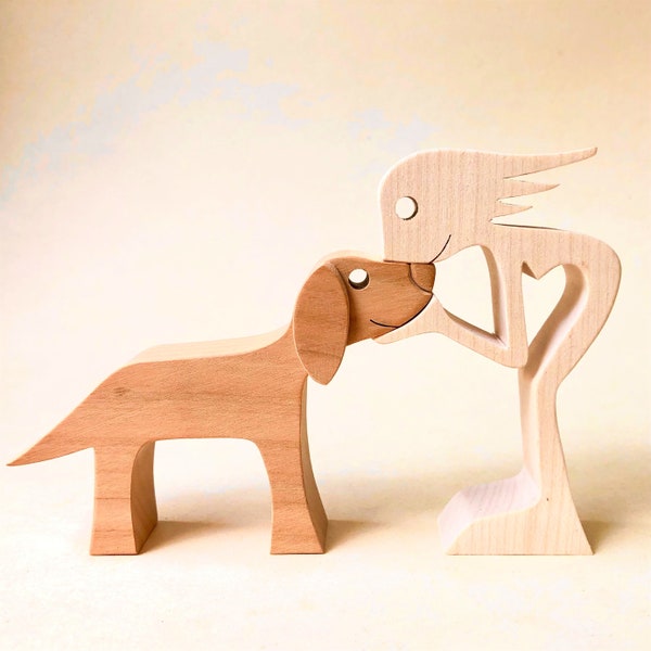 a woman a dog version 4; original wood sculpture 2virgule5d interior decoration