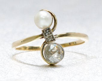 Diamond Toi et Moi Ring | Pearl Bypass Ring | Diamond Pearl Ring | Rose Cut Diamond Ring | Antique Jewelry | Antique Jewellery |Vintage Ring