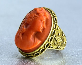 Vintage Coral Cameo Ring | Cocktail Gold Ring | Vintage Filigree Ring | Vintage Cameo Ring | Coral Ring | Antique Jewelry | Coral Jewellery