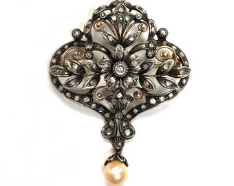 Diamond and Pearl Gold Brooch | 18k Art Deco Pin Brooch | Antique Jewelry | Antique Brooch | Antique Art Deco Pendant | Art Deco Jewelry