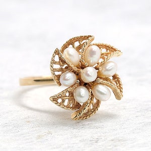 Gold Pearl Ring | Antique Ring | Cocktail Ring | Yellow Gold Ring | Statement Ring | Antique Jewelry | Antique Jewellery | Flower Pearl Ring
