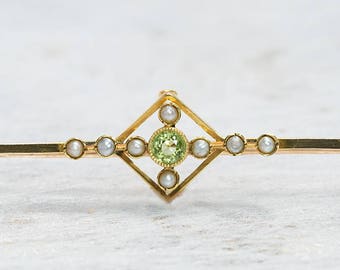 Gold Pearl Peridot Pin Brooch | Peridot Brooch | Peridot Pearl Lapel Pin  | Antique Jewelry | Antique Jewellery | Antique Brooch | Vintage