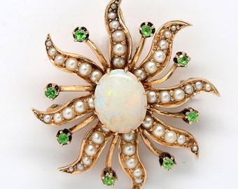 Opal Green Demantoid Garnet Pearl Brooch Pendant Necklace | Opal Pearl Starburst Pendant | Green Garnet | Antique Jewelry |Antique Jewellery