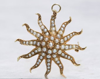 Colar com pingente de broche Starburst | Pingente Starburst de pérola | Broche Starburst | Joias Antigas | Joalharia Antiga | Alfinete de broche vintage