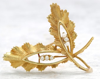 Gold and Pearl Brooches | Leaf Brooch Pin | Gold Lapel Pin  | Antique Jewelry | Antique Brooches | Antique Pin | Vintage Pearl Brooch