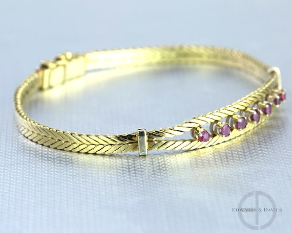 Yellow Gold Ruby Bangle Bracelet | Ruby Gold Wove… - image 2