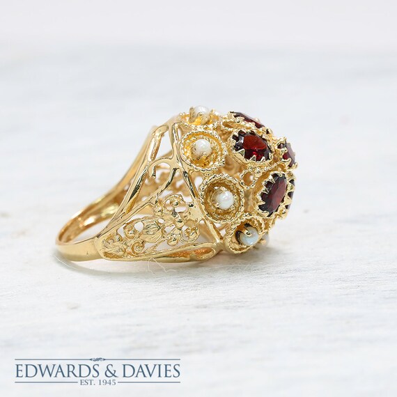 Antique Gold Filigree Garnet Pearl Ring | Cocktail Ring | Garnet Ring | Gold Ring | Antique Jewelry | Antique Jewellery | Statement Ring View 3