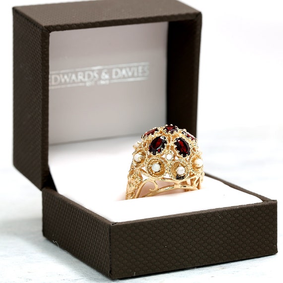 Antique Gold Filigree Garnet Pearl Ring | Cocktail Ring | Garnet Ring | Gold Ring | Antique Jewelry | Antique Jewellery | Statement Ring View 4