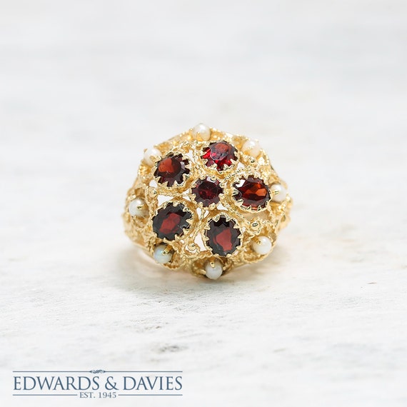 Antique Gold Filigree Garnet Pearl Ring | Cocktail Ring | Garnet Ring | Gold Ring | Antique Jewelry | Antique Jewellery | Statement Ring View 2