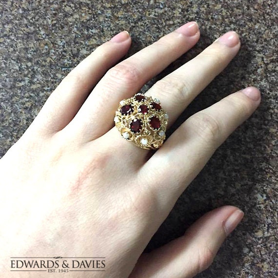 Antique Gold Filigree Garnet Pearl Ring | Cocktail Ring | Garnet Ring | Gold Ring | Antique Jewelry | Antique Jewellery | Statement Ring View 5