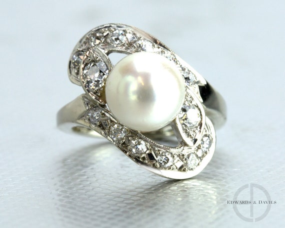 Salt Water Pearl Diamond White Gold Ring | Vintage