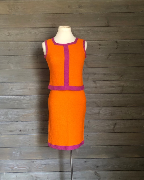 1960s Orange and Magenta Knit Skirt and Top Set