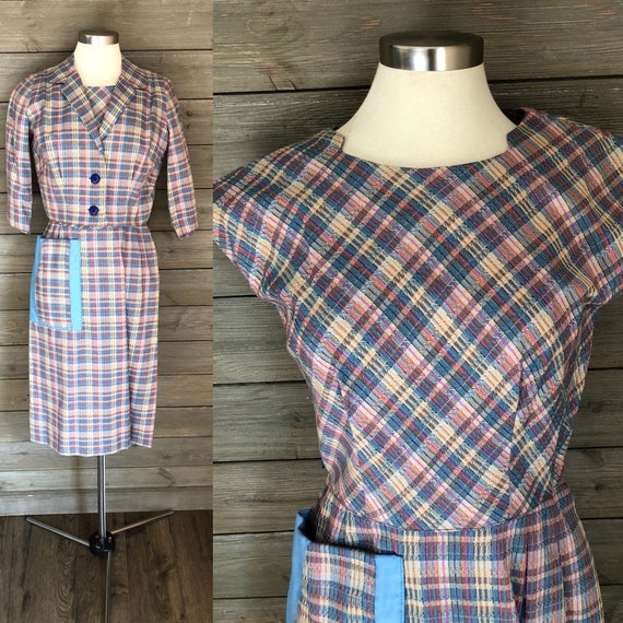 1950s/1960s Plaid Wiggle Dress with Pockets and Ma