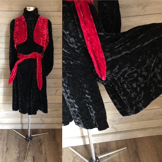 1970s Black Crushed Velvet Gaucho Jumpsuit with Re