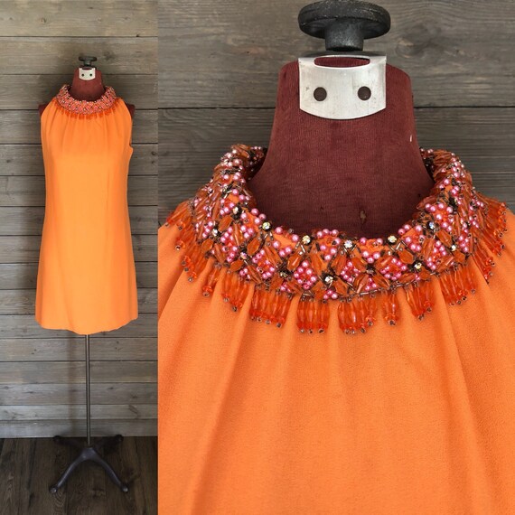 1960s Orange Minidress - Heavily Beaded High Neckl