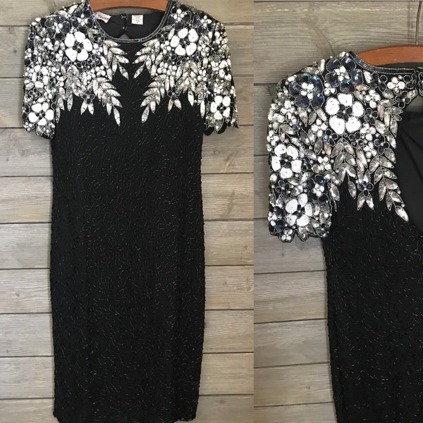 1980's Heavily Sequined Black Silk Cocktail Dress - Black, White, Irisescent Sequins - Night Vogue - Size Small