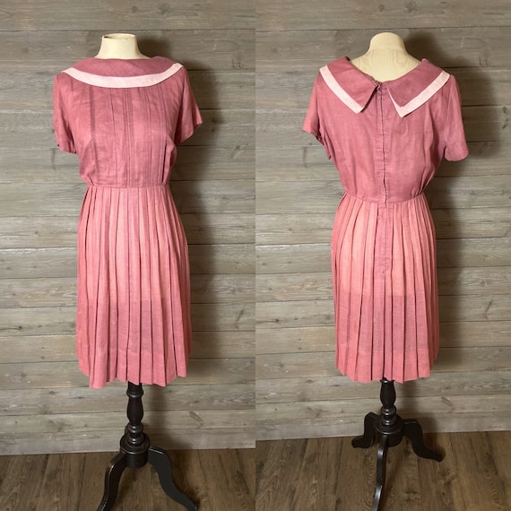 1960s Pink Day Dress, Pleated Skirt - Large