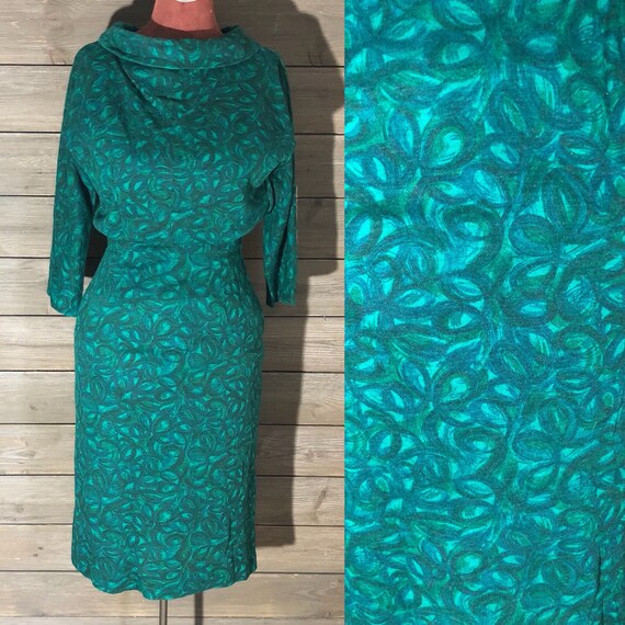 1950s Green Wiggle Dress - Abstract Print -Secreta
