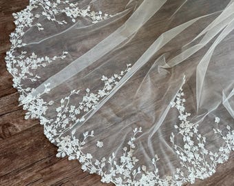 Wedding veil bridal veil cathedral veil lace veil embroidery veil one tier veil leaf veil lace trim veil long veil wedding flower veil