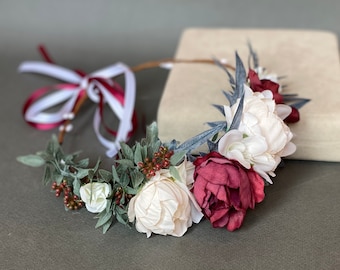 White burgundy flower crown wedding floral crown adult flower circlet flower girl crown halo bridal flower hair wreath flower headband