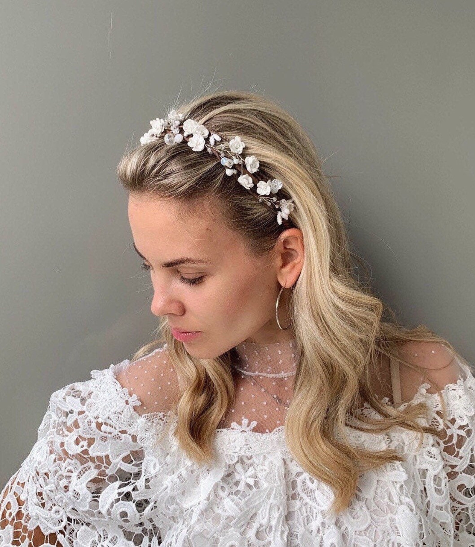White flower headband adult floral head pice wedding wreath Etsy
