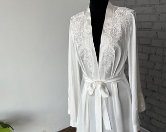 Bridal robe lace with sleeves bride robe long ivory robe with train robe satin silk boudoir classic robe wedding dressing gown bridesmaid